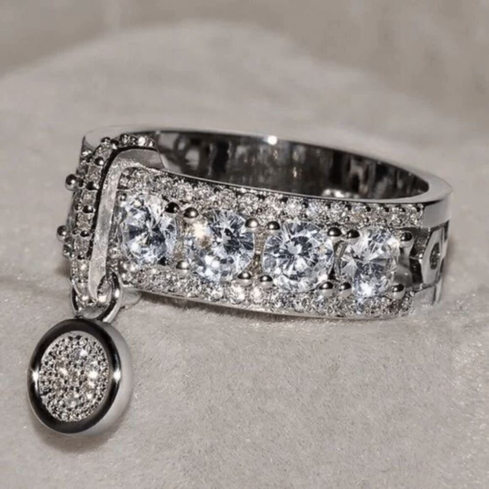Engagement Wedding Anniversary Round Diamond Mosaic Ring With Hanging Charm
